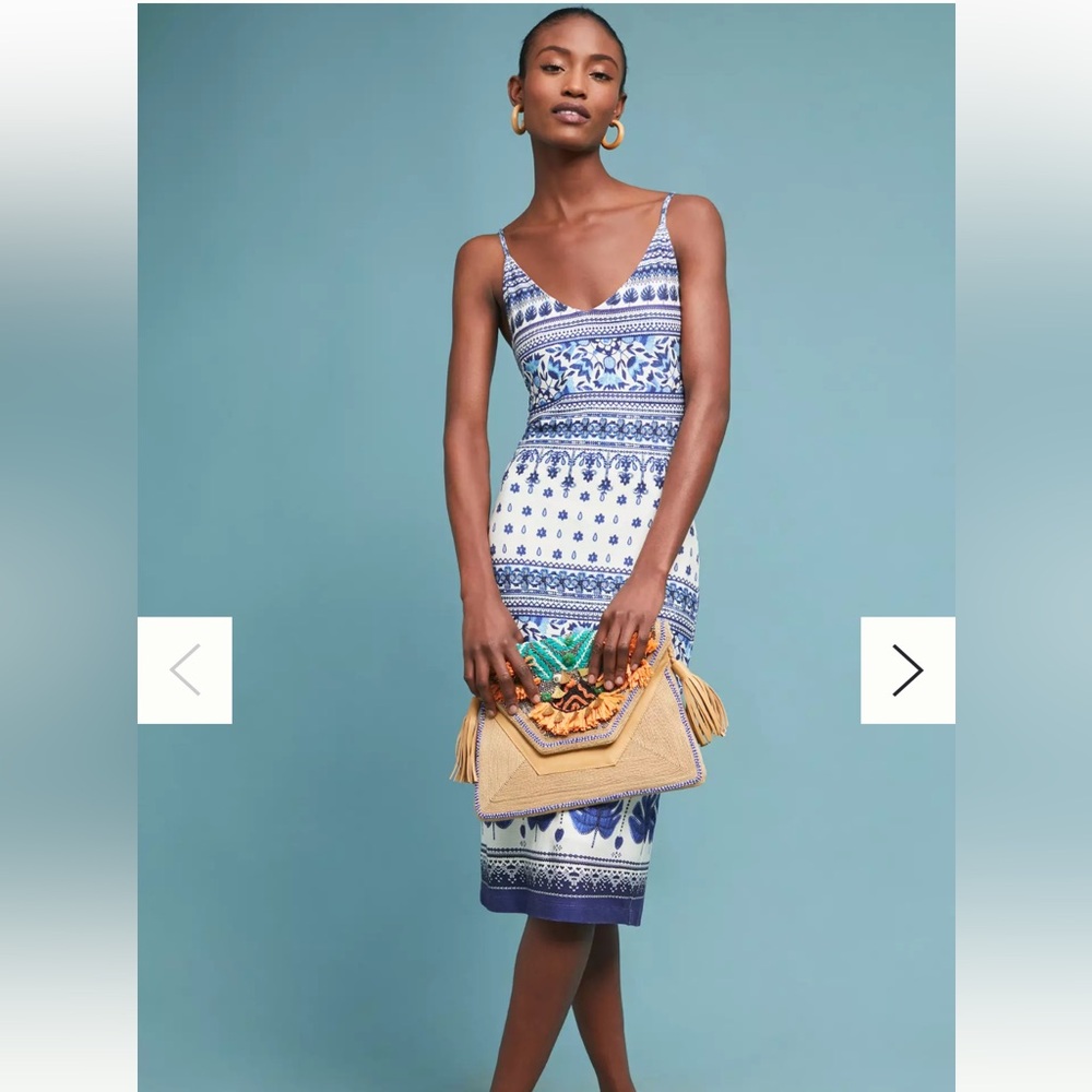 FARM Rio Blue and White Printed Slip Midi Dress